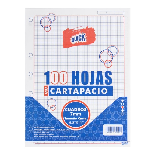 [17462-CUADROS] HOJAS ESCOLARES MARGINADAS CIENTO PARA CARTAPACIO (CUADROS 8MM) | QUICK